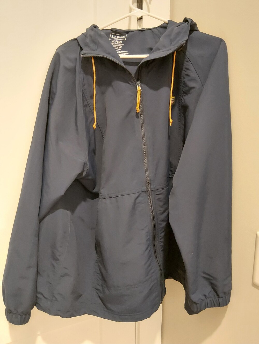L.L. Bean Women’s Navy Hooded Windbreaker with Yellow Drawcords